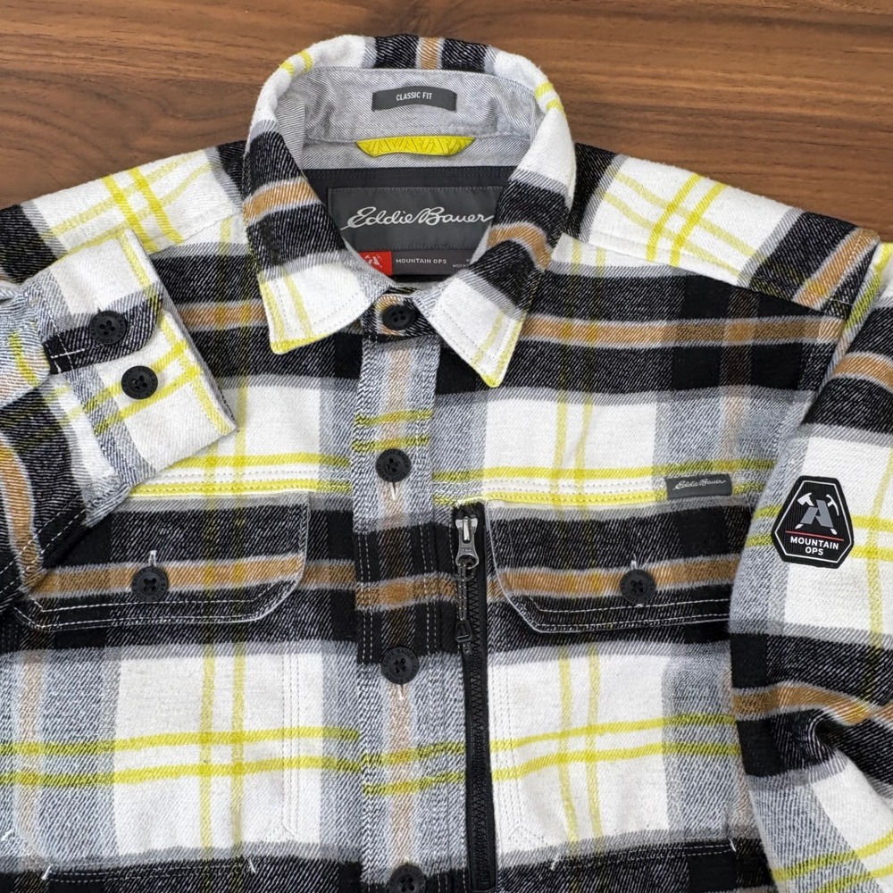 Eddie Bauer Mountain Ops Heavy Shirt Flannel S White Black Yellow Plaid Gorpcore